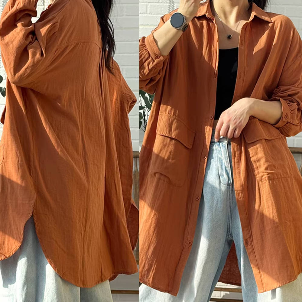 Retro Cotton Thin Soft Casual Long Loose Solid Color Shirt