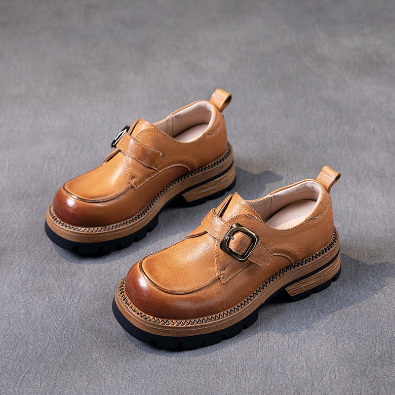 Retro Spring Leather Round Toe Straped Thick Soft Sole Casual Shoes