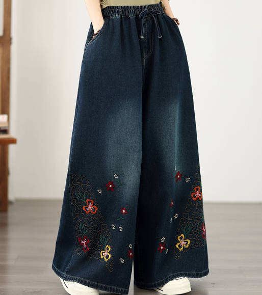 Autumn Vintage Embroidered Soft Denim Elastic Waist Wide Leg Pants