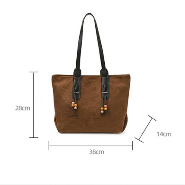 Sueded Big Size Leather Straped Beaded Tassel Casual Tote Bag