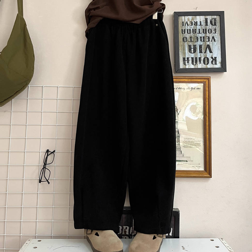 Retro Simple Wool Cotton Warm Elastic Waist Casual Pants