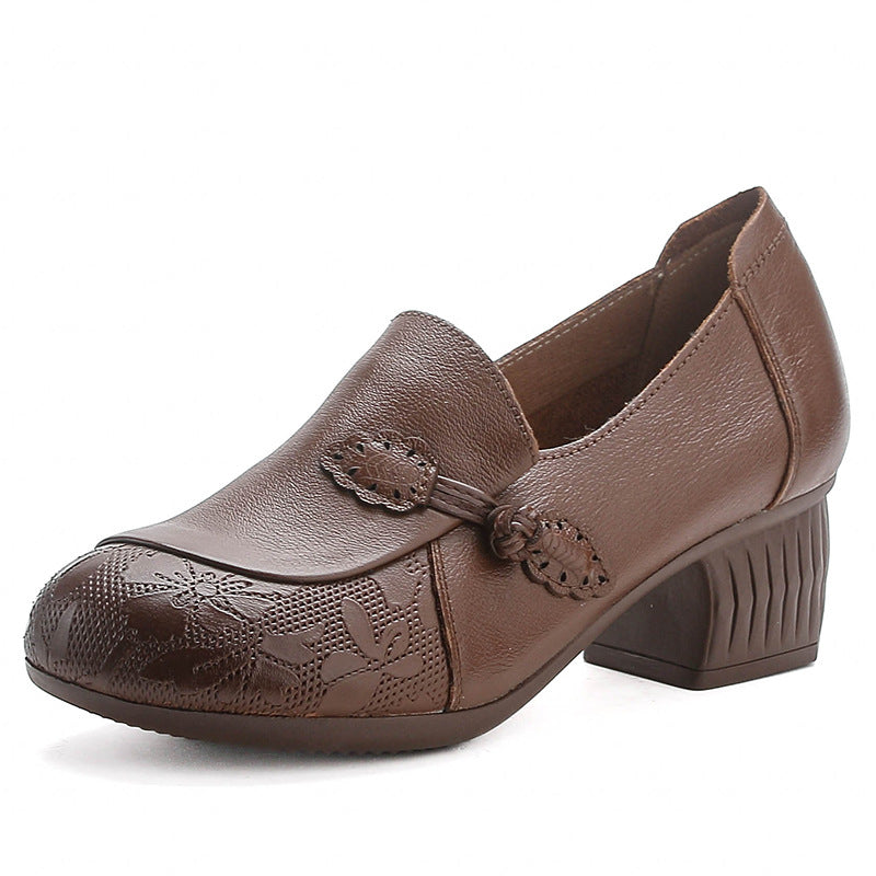Retro Leather Round Toe Floral Printed Shallow Low Heel Shoes