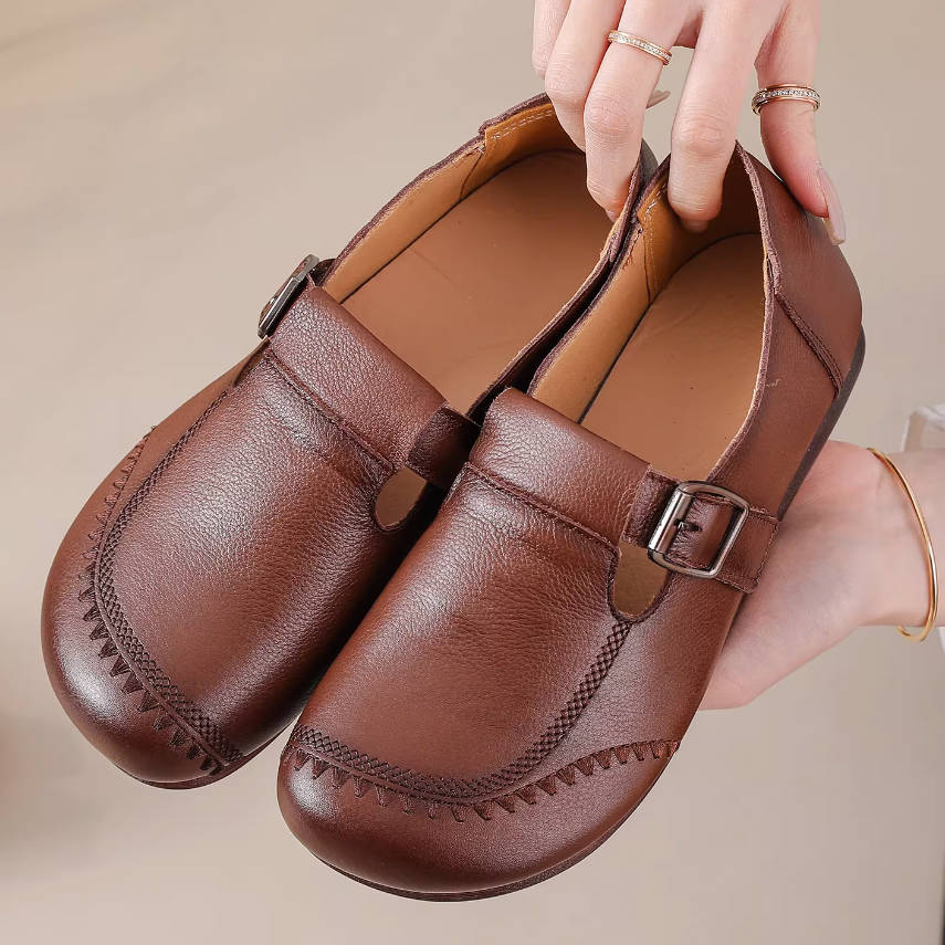 Spring Retro Top Leather Cut Out Round Toe Slip-On Flat Shoes