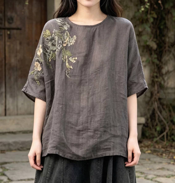 Women Vintage Embroidered Linen Drop Shoulder Loose Fit Slimming T-shirt