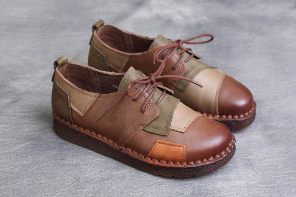 Genuine Leather Round Toe Patchwork Lace-Up Soft Flat Sole Shoes