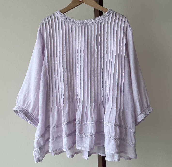 Summer Women Ramie Solid Color Ruffled Lace Half Sleeves Top