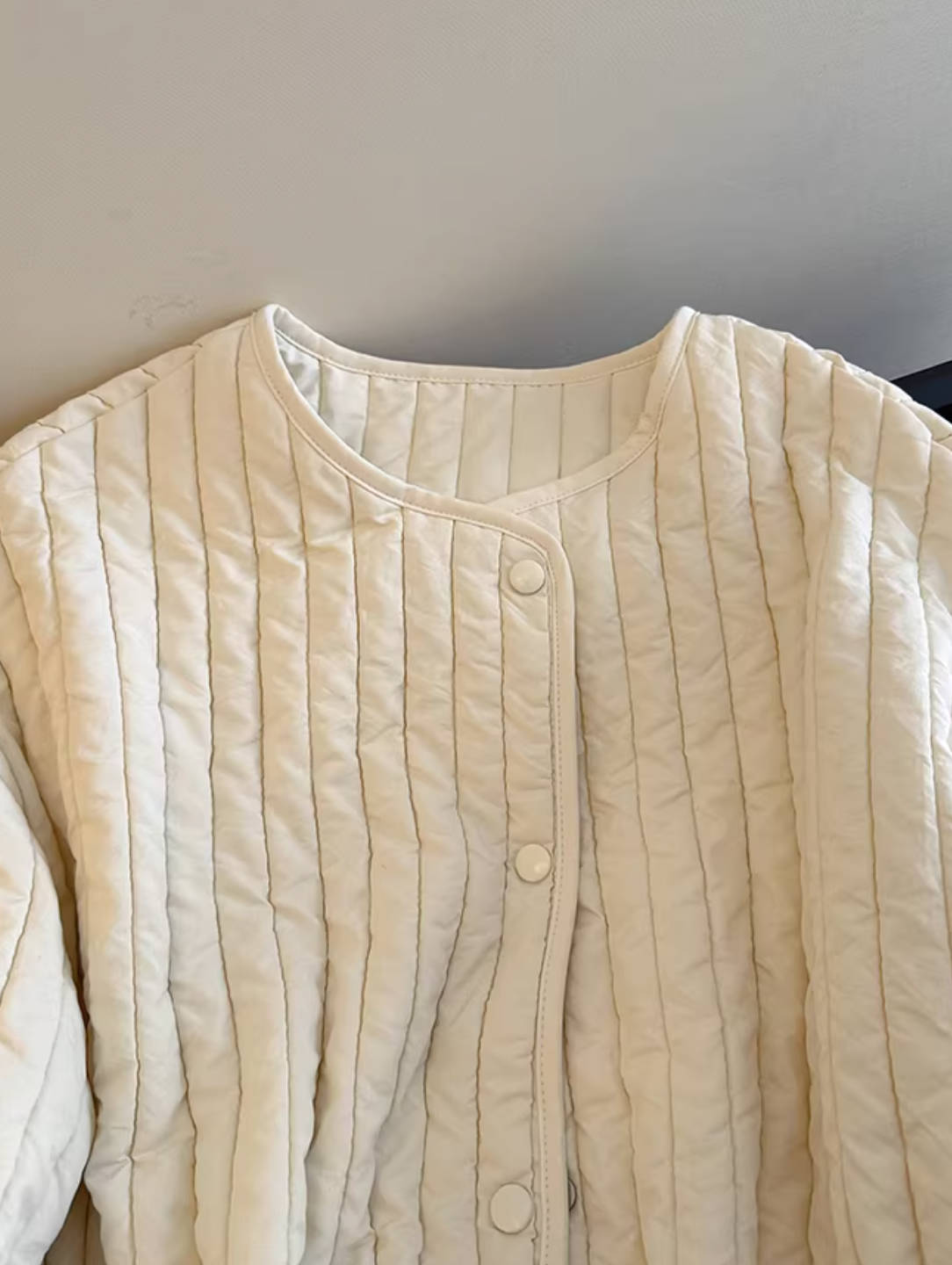 Solid Color Cotton Striped Round Neck Warm Cotton-In Coat