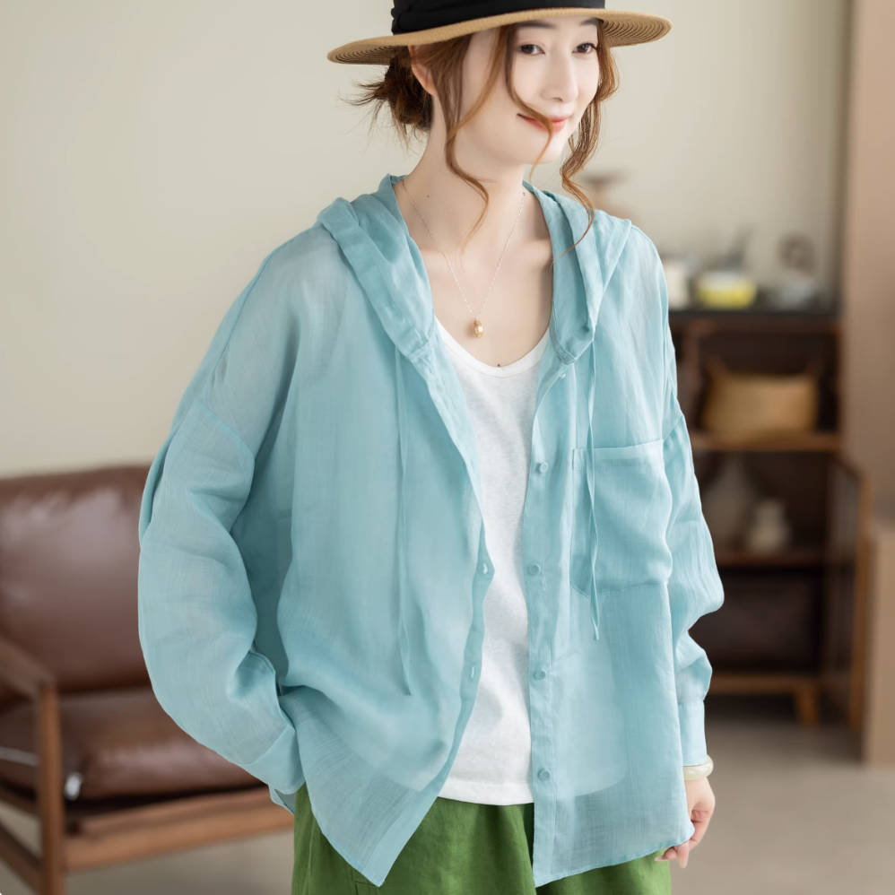 Spring Ramie Solid Color Thin Slim Loose Hoodies Breathable Shirt
