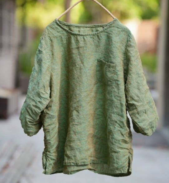 Women  Solid Color Round Neck Versatile Linen Slim Fit Casual Top
