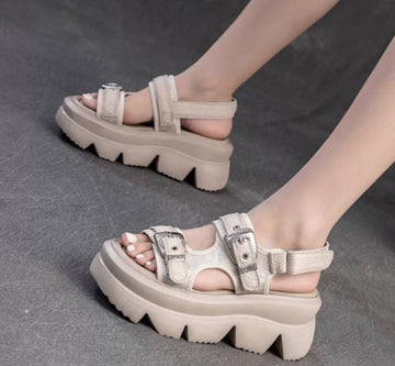 Summer Vintage Ankle Strap Thick-Soled Leather Open-Toe Breathable Sandals