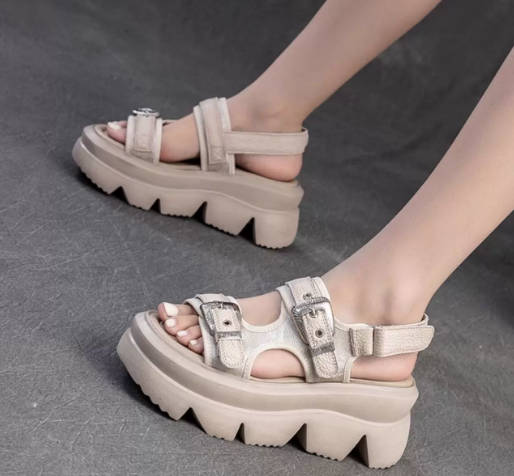 Summer Vintage Ankle Strap Thick-Soled Leather Open-Toe Breathable Sandals
