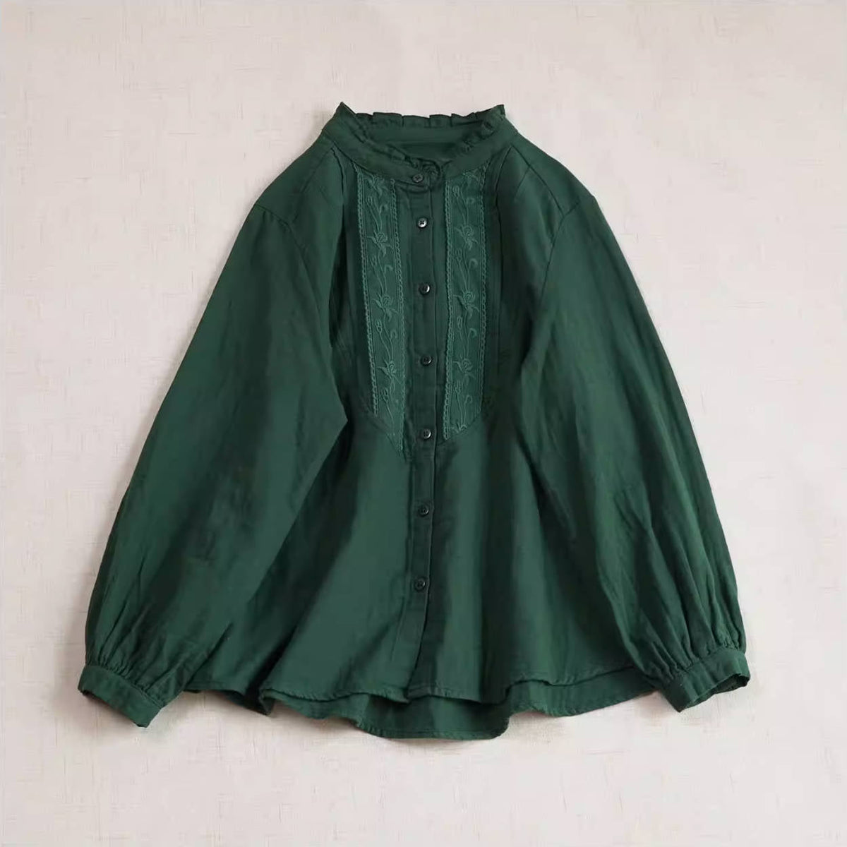 Retro Spring Ruffled Neck Accordion Pleats Solid Color Shirt