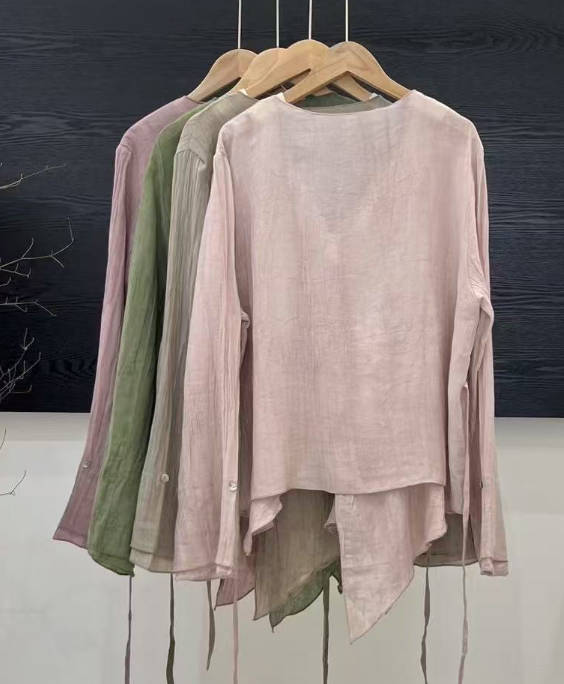 Casual Versatile Ramie Cardigan Lace Up With Belt Design Top