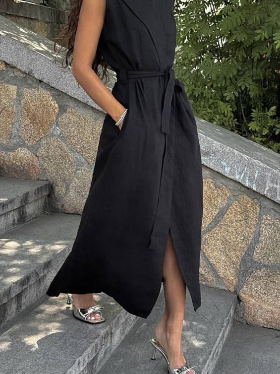 Women Sleeveless Turn-down Collar Cotton Belted Waist Split Hem Dress