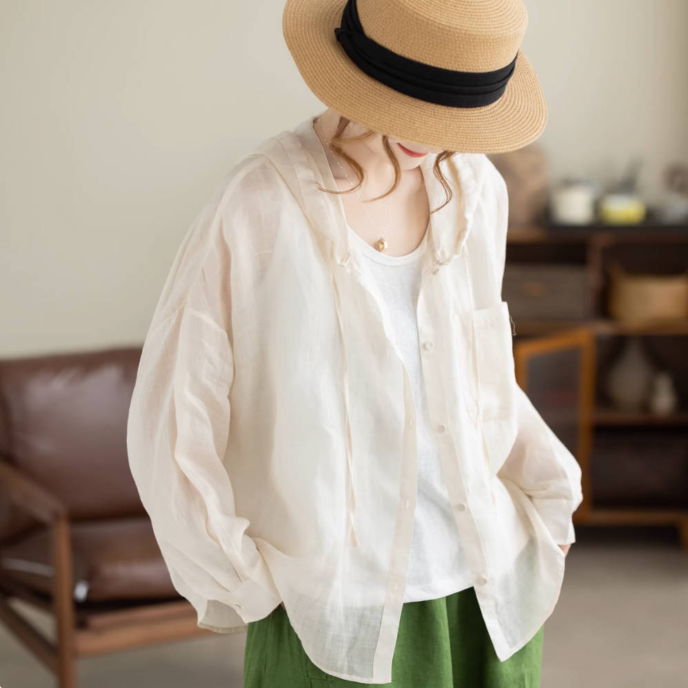 Spring Ramie Solid Color Thin Slim Loose Hoodies Breathable Shirt