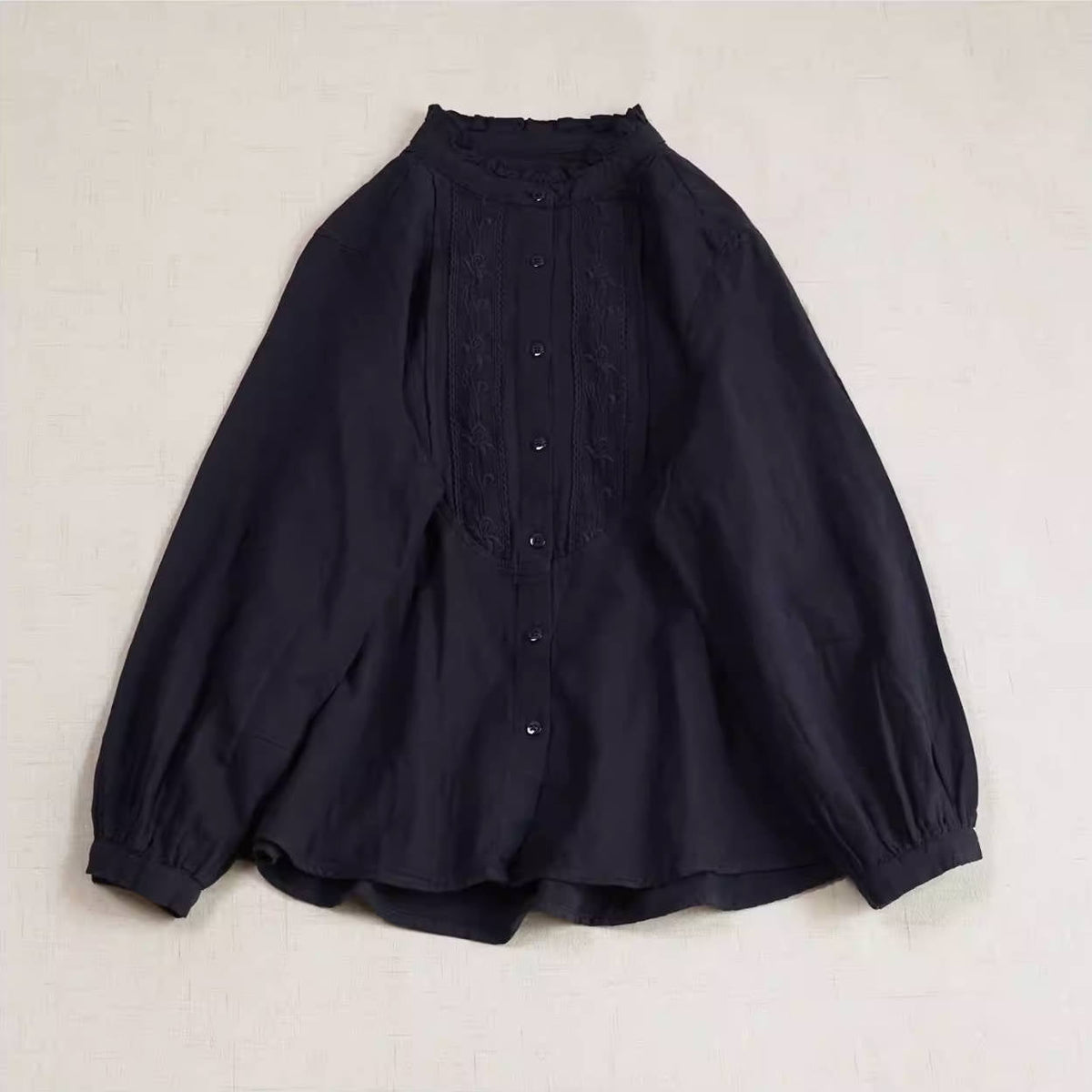 Retro Spring Ruffled Neck Accordion Pleats Solid Color Shirt