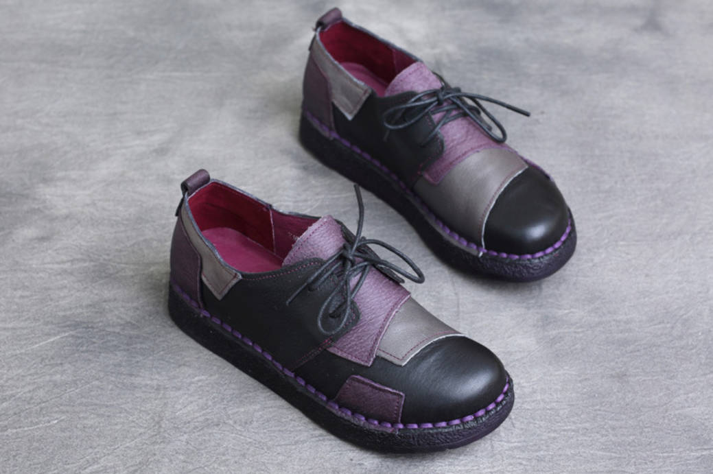 Genuine Leather Round Toe Patchwork Lace-Up Soft Flat Sole Shoes