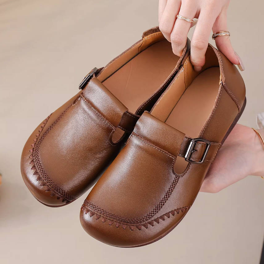 Spring Retro Top Leather Cut Out Round Toe Slip-On Flat Shoes
