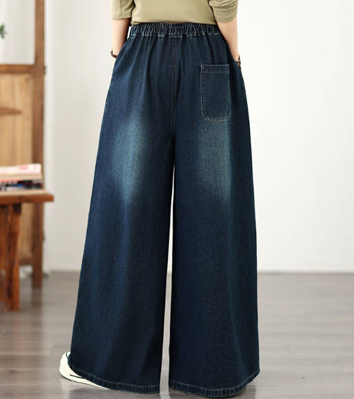 Autumn Vintage Embroidered Soft Denim Elastic Waist Wide Leg Pants