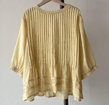 Summer Women Ramie Solid Color Ruffled Lace Half Sleeves Top