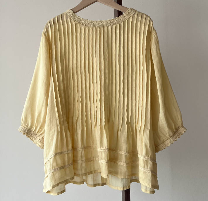 Summer Women Ramie Solid Color Ruffled Lace Half Sleeves Top