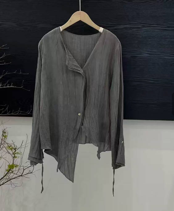 Casual Versatile Ramie Cardigan Lace Up With Belt Design Top