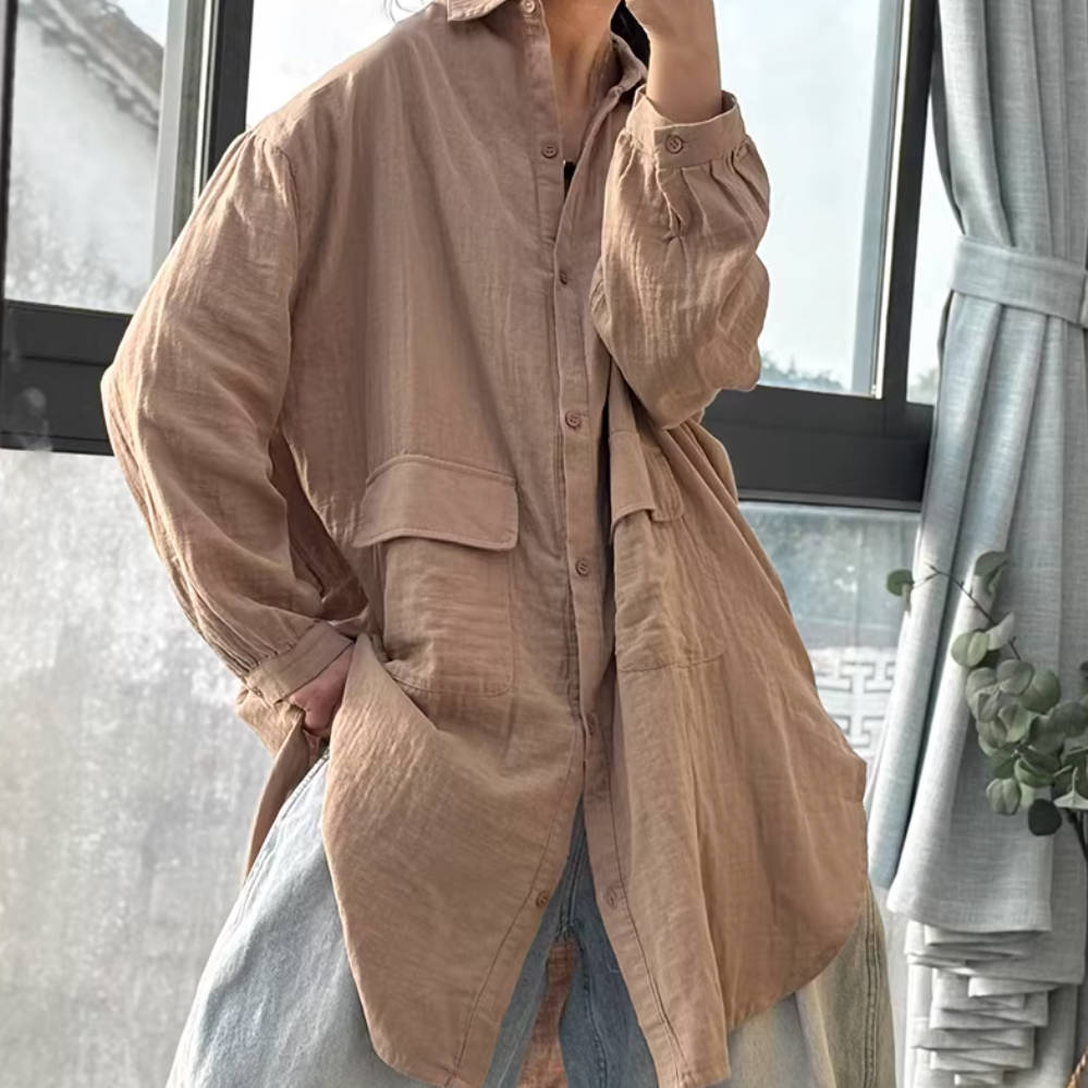 Retro Cotton Thin Soft Casual Long Loose Solid Color Shirt