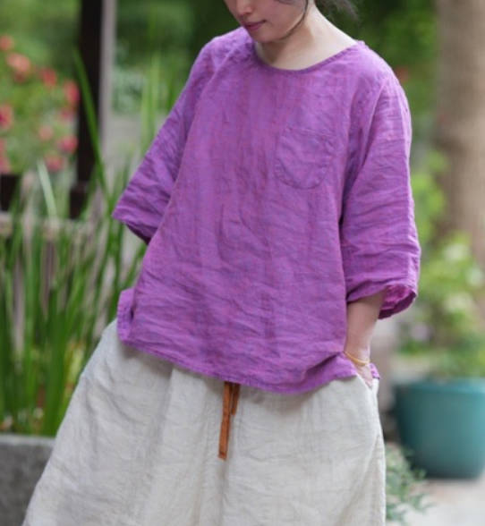 Women  Solid Color Round Neck Versatile Linen Slim Fit Casual Top