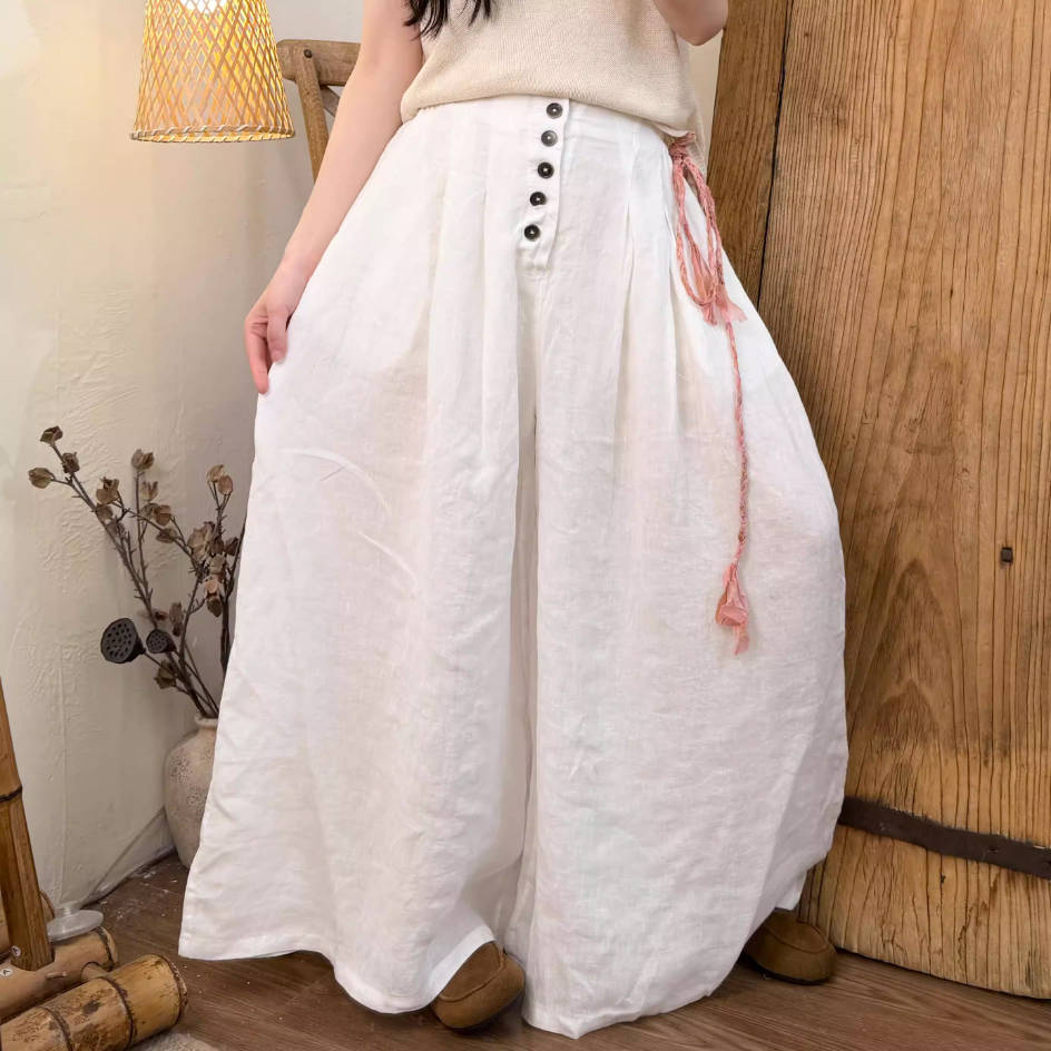 Spring Fashionable Linen Colorful Wide Legs Elastic Waist Pants