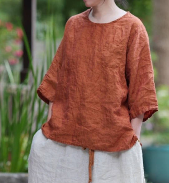Women  Solid Color Round Neck Versatile Linen Slim Fit Casual Top