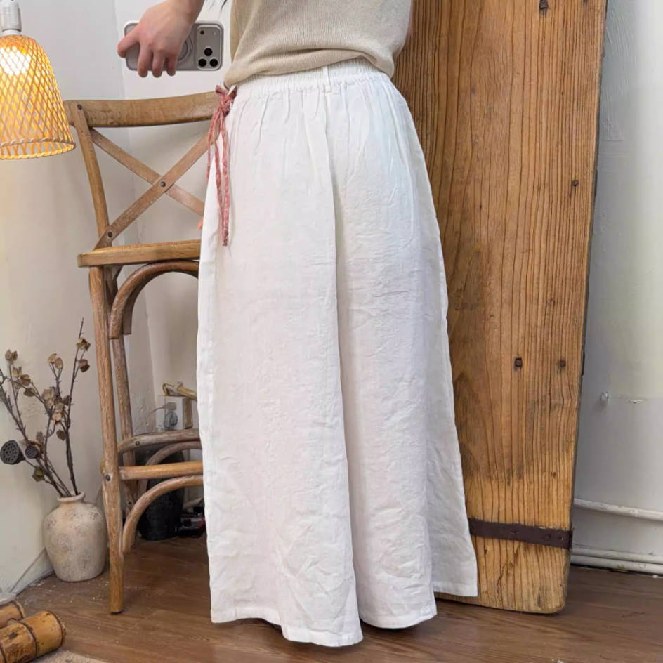 Spring Fashionable Linen Colorful Wide Legs Elastic Waist Pants