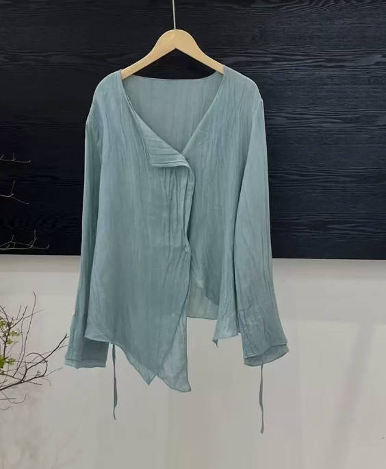 Casual Versatile Ramie Cardigan Lace Up With Belt Design Top