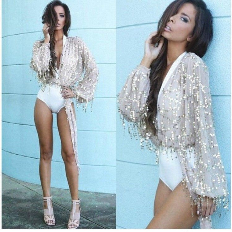SEQUIN LONG SLEEVES DEEP V-NECK STYLISH PARTY BLOUSES