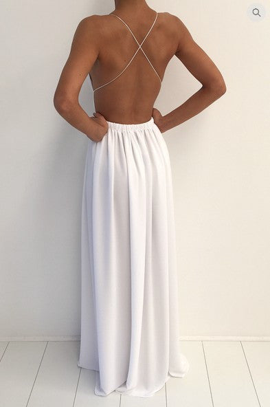 SPAGHETTI V-NECK BACKLESS SOLID COLOR LONG DRESS