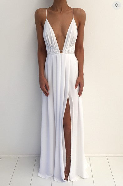 SPAGHETTI V-NECK BACKLESS SOLID COLOR LONG DRESS