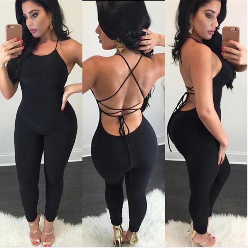 BACKLESS PURE COLOR LACE UP SLEEVELESS LONG JUMPSUIT