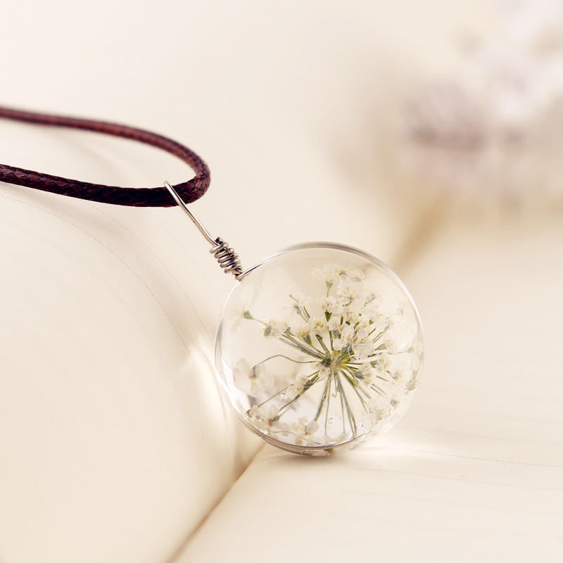 MANUAL DANDELION CLOVERS LACE DRIED FLOWER GLASS BALL TIME GEM CLAVICLE PENDANT NECKLACE