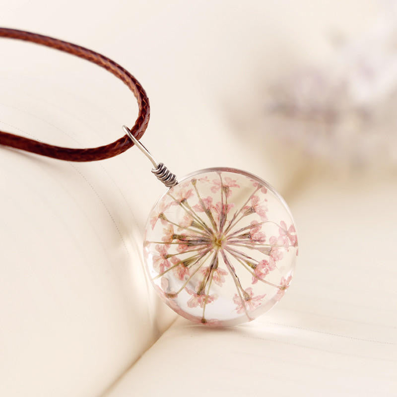 MANUAL DANDELION CLOVERS LACE DRIED FLOWER GLASS BALL TIME GEM CLAVICLE PENDANT NECKLACE