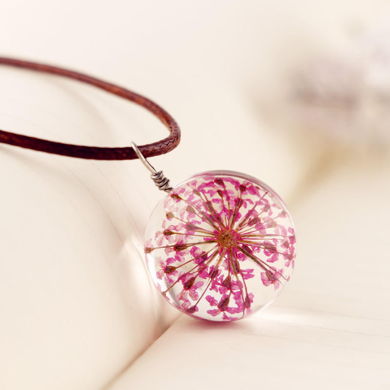 MANUAL DANDELION CLOVERS LACE DRIED FLOWER GLASS BALL TIME GEM CLAVICLE PENDANT NECKLACE