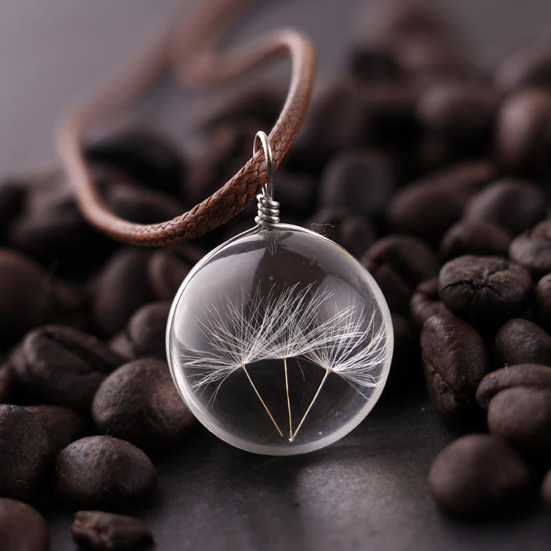 MANUAL DANDELION CLOVERS LACE DRIED FLOWER GLASS BALL TIME GEM CLAVICLE PENDANT NECKLACE
