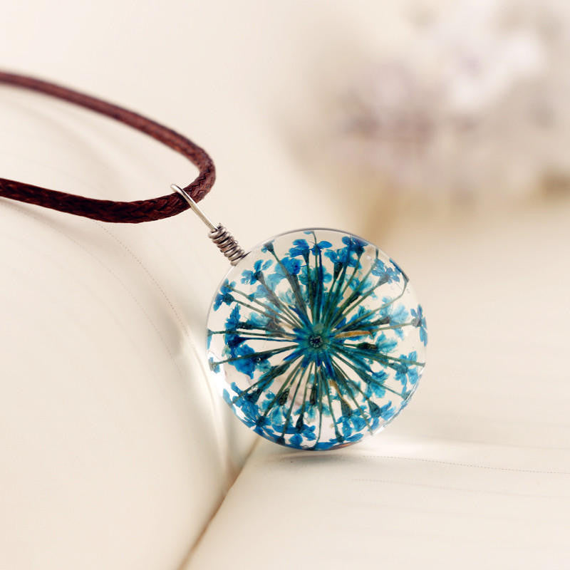 MANUAL DANDELION CLOVERS LACE DRIED FLOWER GLASS BALL TIME GEM CLAVICLE PENDANT NECKLACE