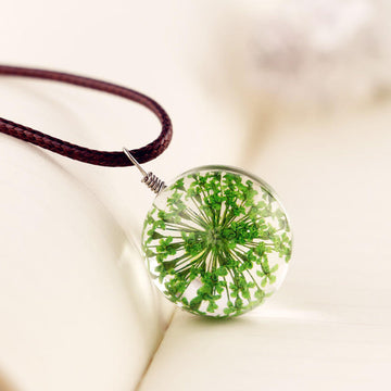 MANUAL DANDELION CLOVERS LACE DRIED FLOWER GLASS BALL TIME GEM CLAVICLE PENDANT NECKLACE