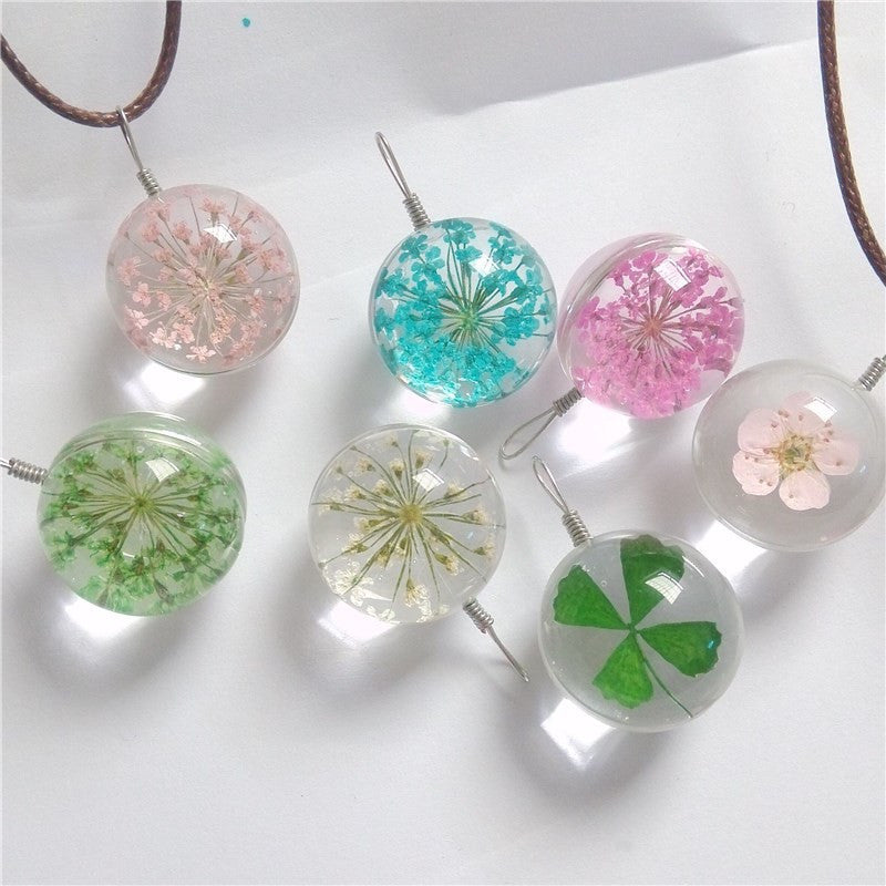 MANUAL DANDELION CLOVERS LACE DRIED FLOWER GLASS BALL TIME GEM CLAVICLE PENDANT NECKLACE