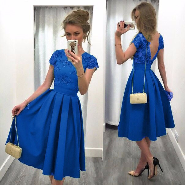 SPLICING SOLID COLOR BACKLESS SHORT SLEEVES DRESS