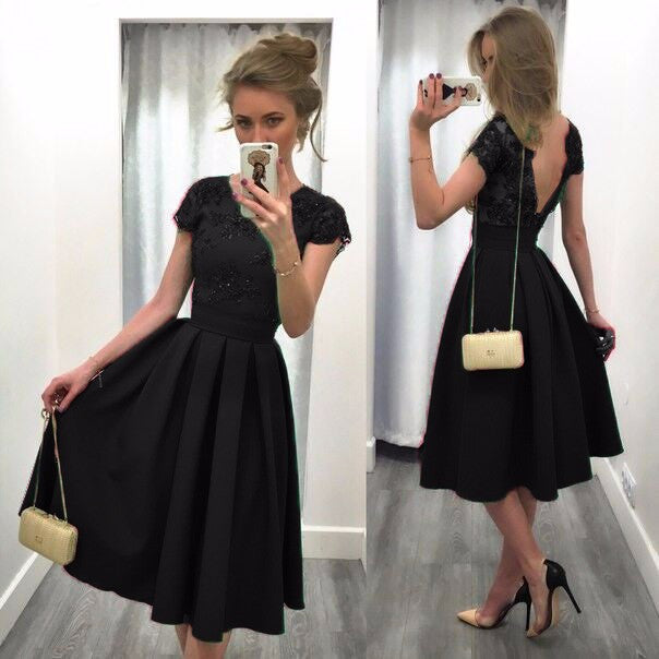 SPLICING SOLID COLOR BACKLESS SHORT SLEEVES DRESS
