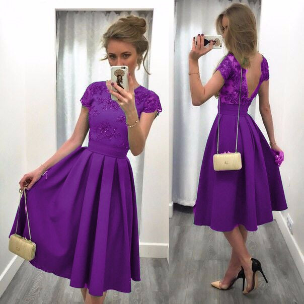 SPLICING SOLID COLOR BACKLESS SHORT SLEEVES DRESS