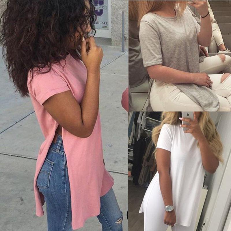 PURE COLOR SCOOP SHORT SLEEVE HIGH SPLIT LONG T-SHIRT