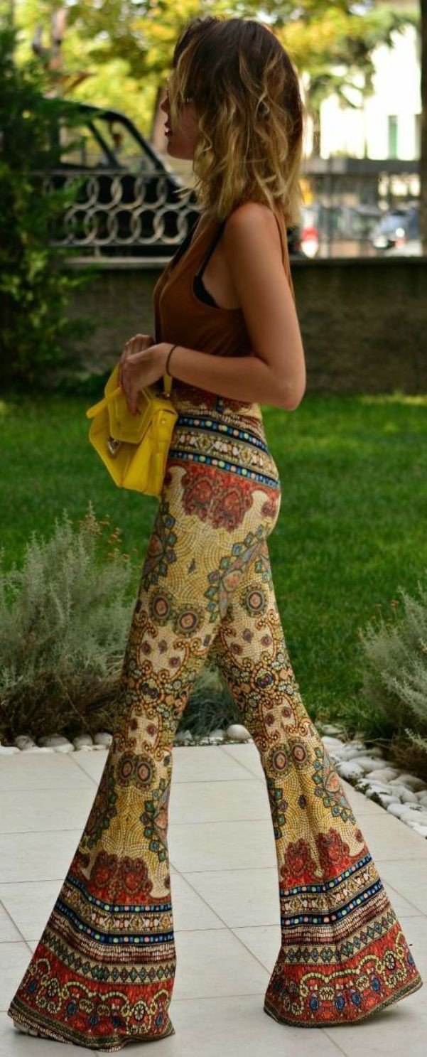 SKINNY FLOWER PRINT FASHION BELL-BOTTOM RETRO PANTS