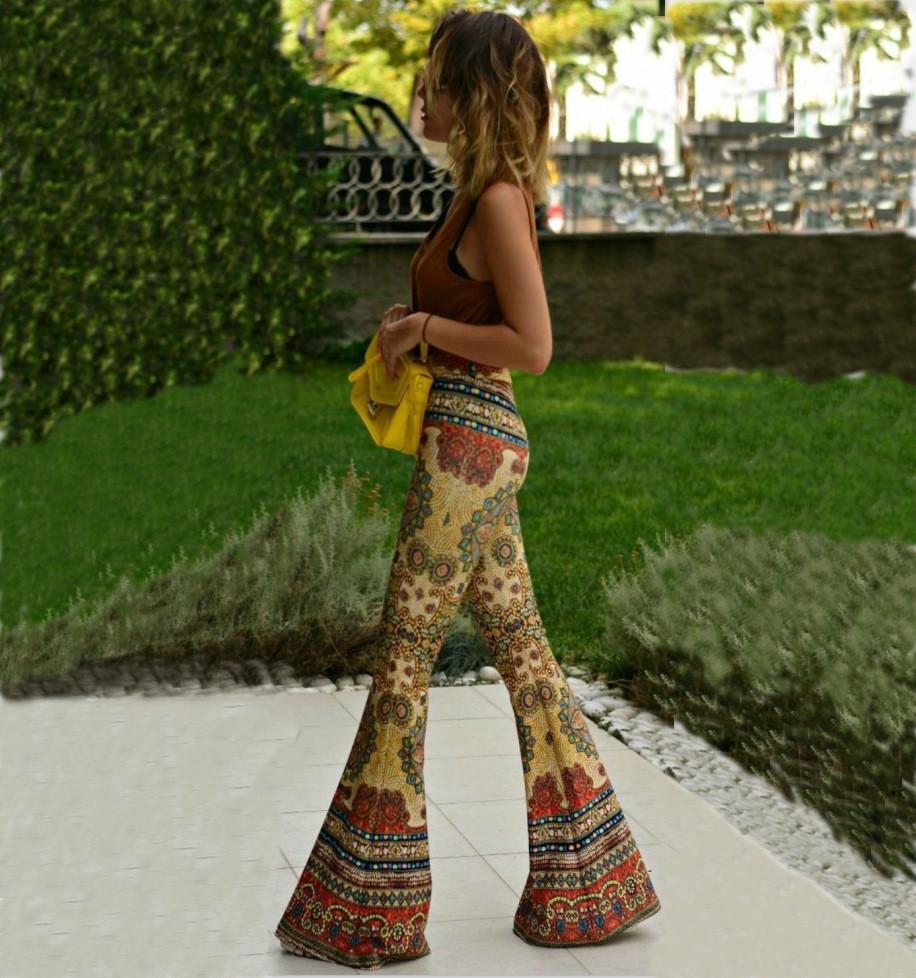 SKINNY FLOWER PRINT FASHION BELL-BOTTOM RETRO PANTS