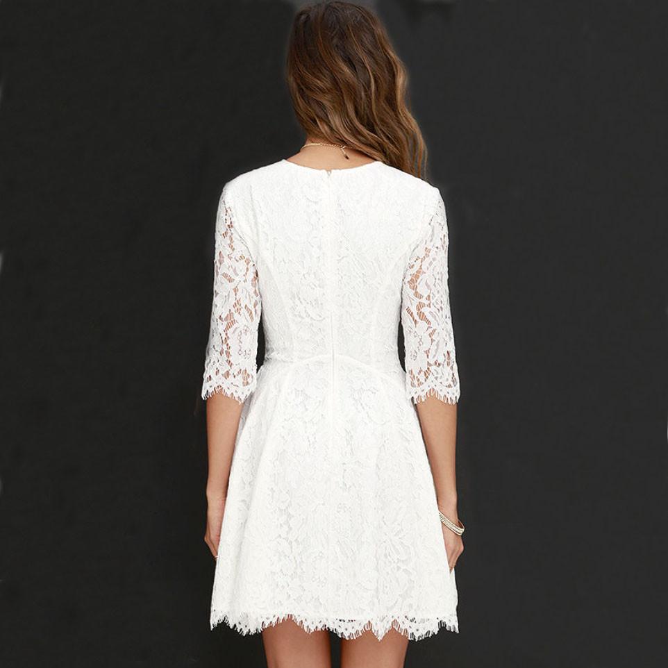 PURE COLOR LACE SCOOP HALF SLEEVES SHORT DRESS